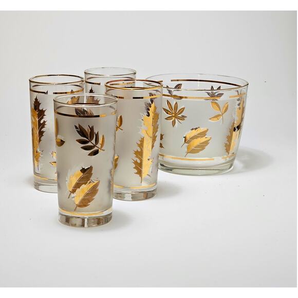 Libbey Gold Leaf Ice Bucket & 4 Glasses - Picture 2 of 3